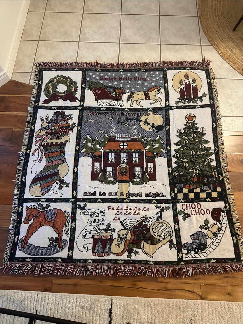 Vintage Holiday Tapestry Throw Blanket - Multi-Color Christmas Panel